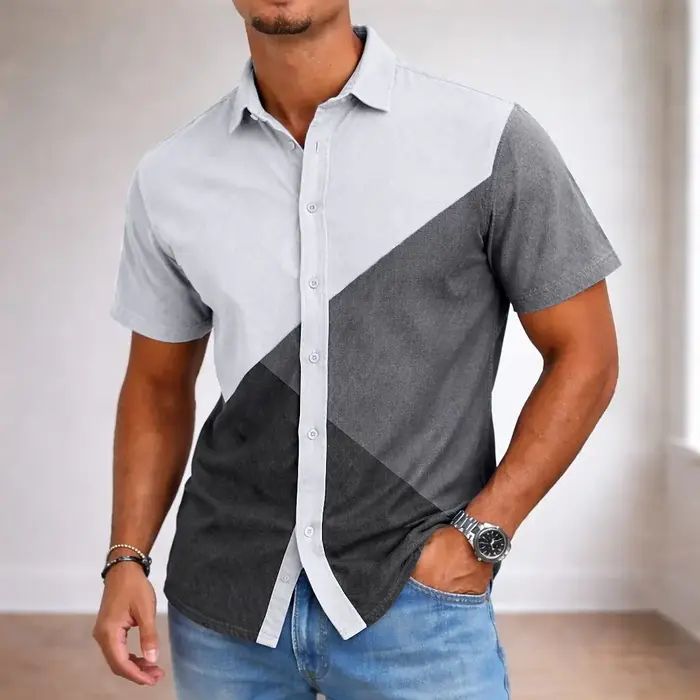 Chemise boutonnée beige et bordeaux à blocs de couleurs géométriques pour homme, hauts décontractés 