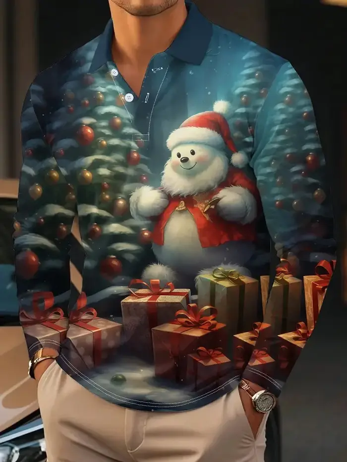 Polo à manches longues pour hommes, imprimé complet, graphique de Noël, chemises de golf à col rabat