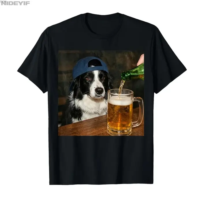 T-shirt à manches courtes pour hommes et femmes, 100% coton, avec image de chien drôle buvant de la