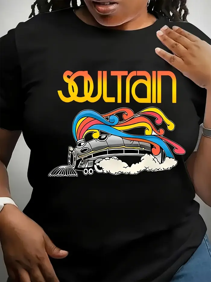 T-Shirt graphique pour femmes, Design Soul Train avec lettrage jaune audacieux, imprimé rétro coloré