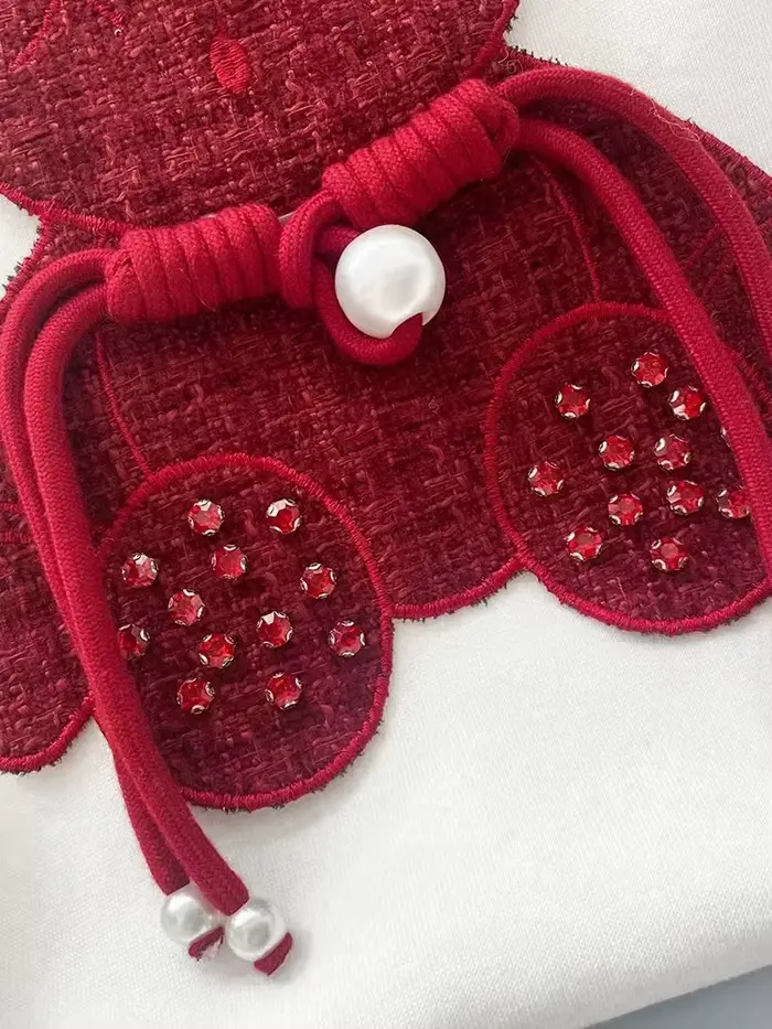 Boucle ours rose perles T-shirt lourd fait à la main Diomand brillant nœud papillon broderie