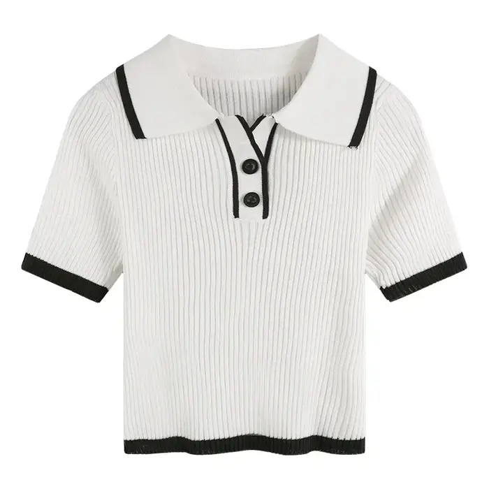 T-shirt en tricot à col polo à manches courtes pour femme, couleur contrastée, tricot côtelé, crop top, polo, tenue preppy d'été pour écolière