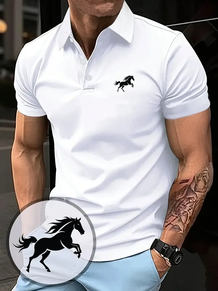 Polo pour homme à manches courtes avec motif d'éléphant galopant imprimé, style décontracté