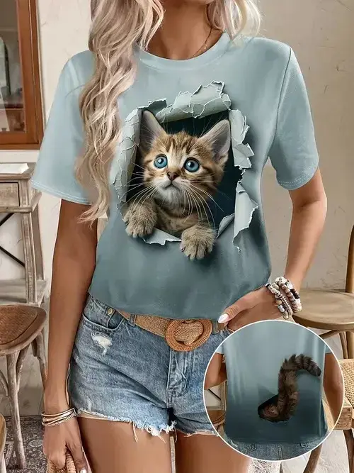 T-shirts mignons avec chatons, imprimé 3D de chat kawaii, t-shirt d'été pour femmes à col rond et ma