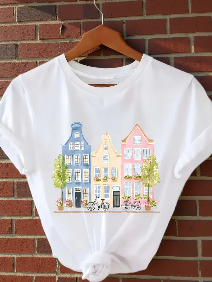 T-shirt décontracté à manches courtes avec imprimé artistique sur le thème de la maison pastel d'Ams