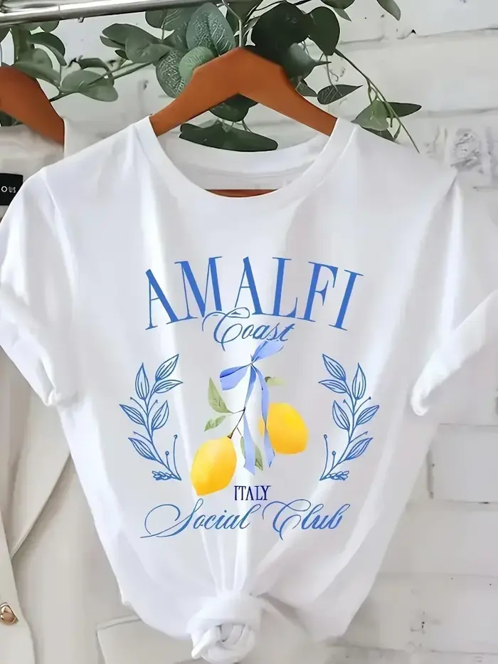 T-shirt imprimé citron, manches courtes, col rond, haut décontracté pour l'été et le printemps, vête