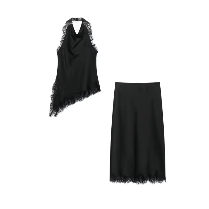 Satin dentelle noir asymétrique hauts femmes Sexy licou dos nu