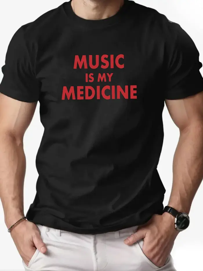 T-shirt homme la musique est mon médecine police anglaise impression homme coton col rond décontract