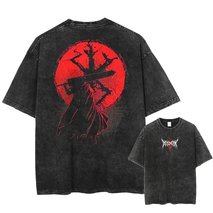 Berserk-T-shirt vintage en coton délavé pour homme et femme, avec imprimé de dessin animé, de haute