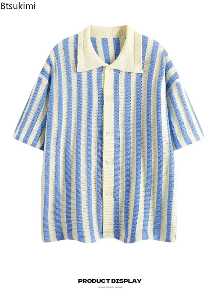 Nouveau Polo en Tricot Tendance pour Homme 2026 – Pull d'Été Ample et Confortable à Rayures Creuses