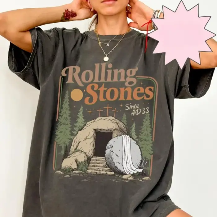 T-shirt Rolling Christian, Vêtement de Pâques tendance avec motif pierre, tenue décontractée pour le