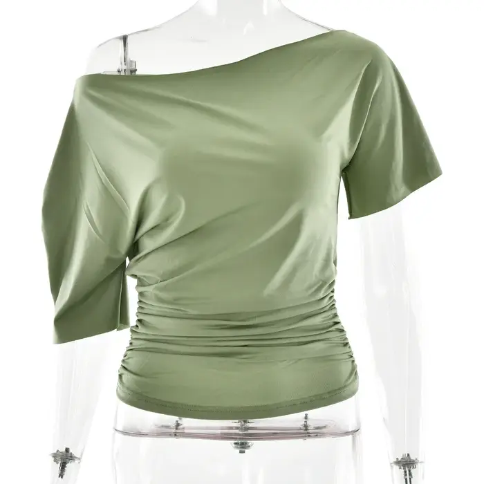 Haute qualité vente chaude en gros été nouveau T-shirt femme Sexy épicé fille plissée simple épaule 