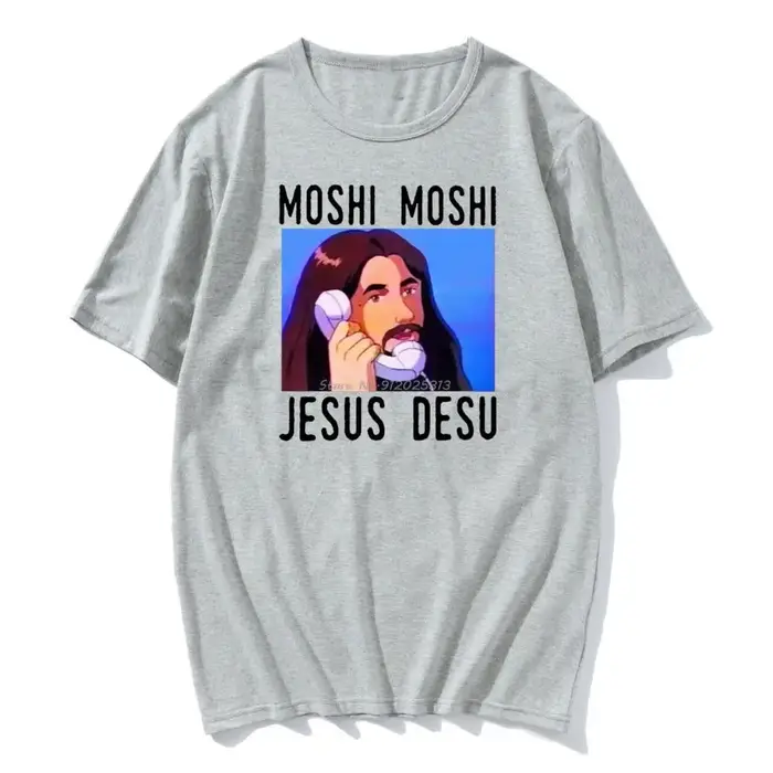Moshi Moshi jésus Desu drôle surdimensionné T-shirt hommes T-shirt noir coton hommes chemise mode T-shirt hommes coton Harajuku T-shirt