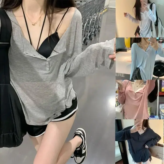 T-shirt à manches longues et col en V pour femme