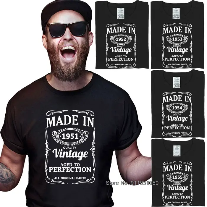 T-shirt imprimé homme 66 67 68 69 70 ans cadeau 1951 1952 1953 1954 1955 motif 100% coton anniversaire
