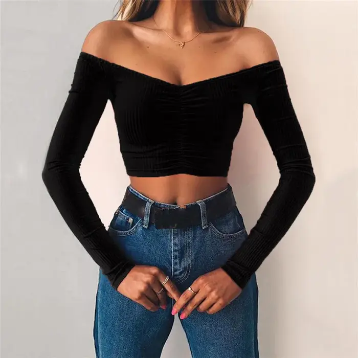 T-shirt à manches longues et épaules dénudées pour femmes