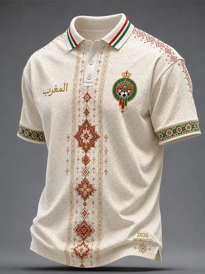 Polo de football marocain modèle 2026 - Impression 3D - Confortable et respirant - Convient aux hommes et aux femmes