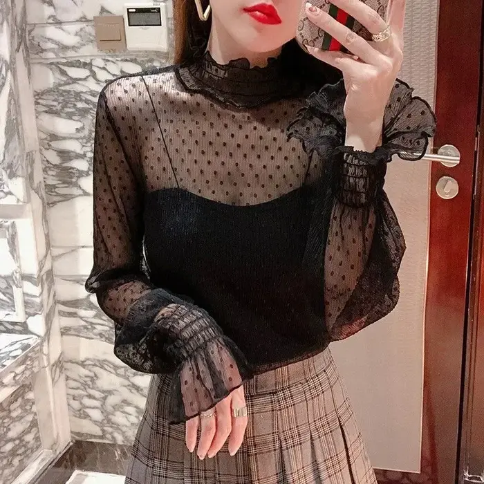 T-shirt sexy pour femme à col montant en maille