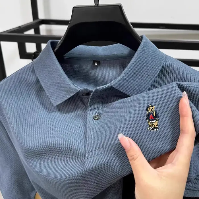 Marque de mode ours en peluche brodé polo à manches courtes haut de gamme 100% pur coton confortable respirant hommes revers T-shirt