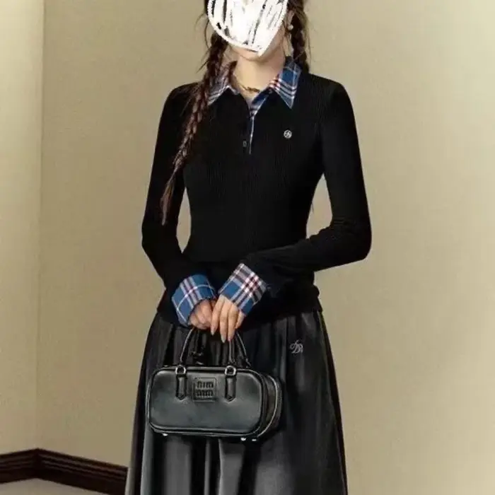 Polo à manches longues pour femme, haut à carreaux patchwork, vêtement printemps-automne, chemise femme style coréen, tenue noire, rouge, kaki 2026