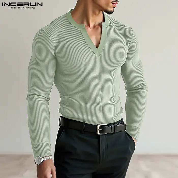 INCERUN hommes t-shirt couleur unie col en V à manches longues tricoté Streetwear mâle