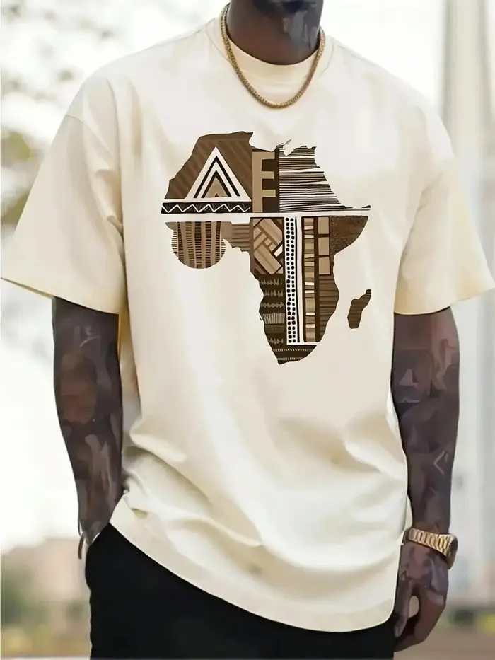 T-shirt à manches courtes à col rond avec imprimé carte d'Afrique, style streetwear, haut décontract