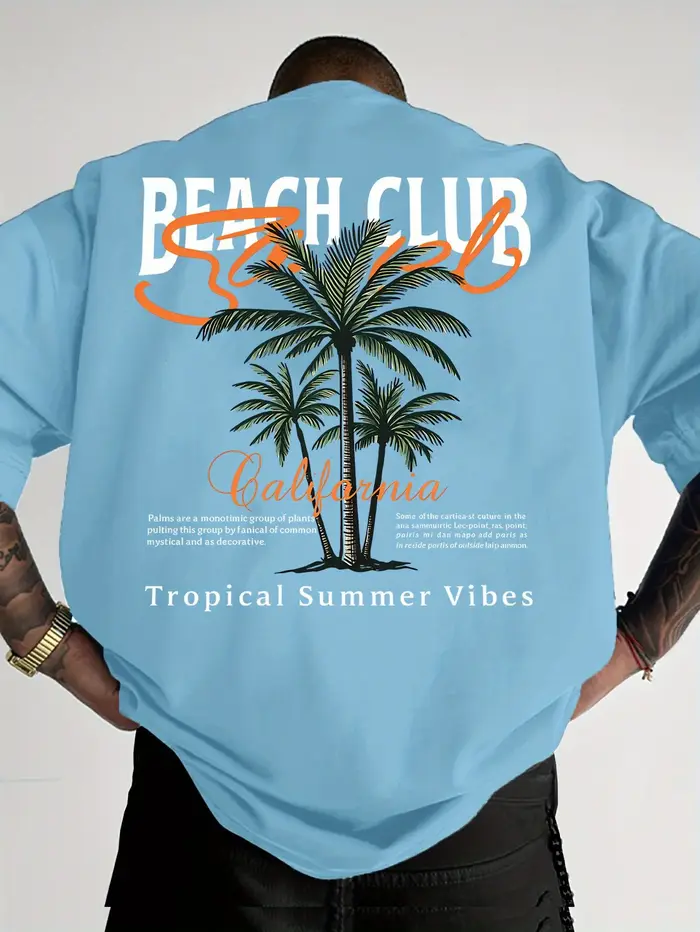 T-shirt pour homme en coton 100% doux de qualité supérieure avec imprimé palmier California Beach Club