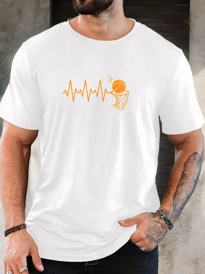 T-Shirt homme 2025 nouveauté sport basket-ball graphique battement de coeur ligne & cerceau imprimé Orange haut élégant quotidien décontracté