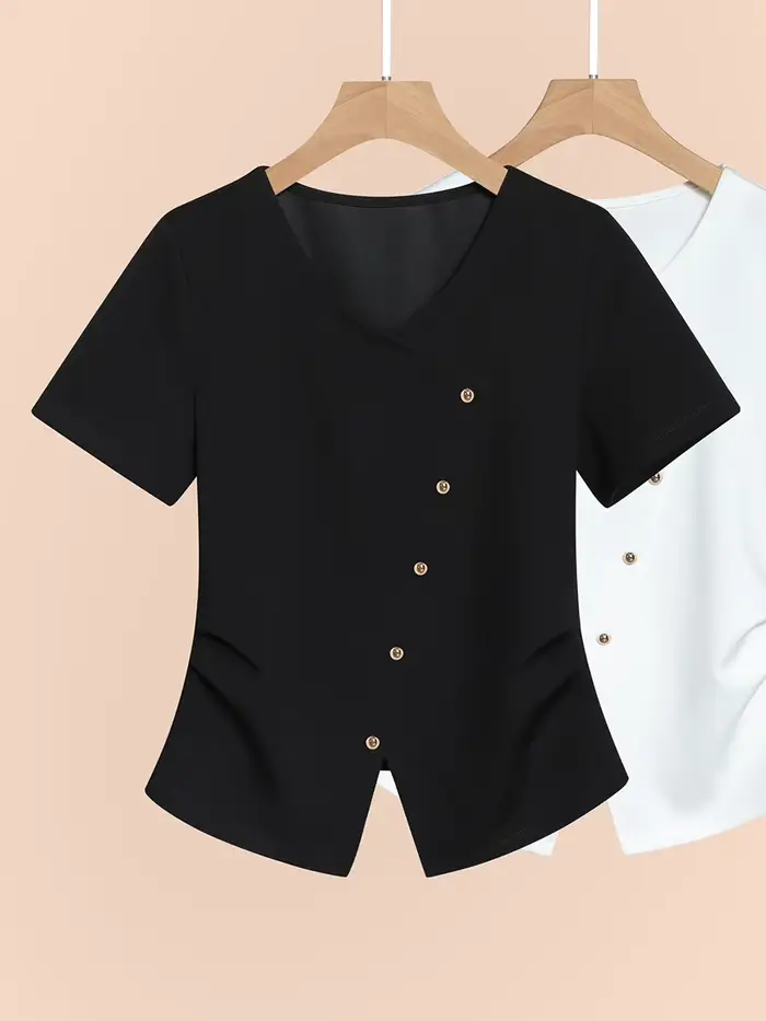 T-Shirt blanc à la taille pour femmes, Style français, col en V, manches courtes, chemisier à la mode, été 2025