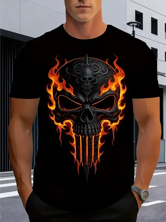 T-shirt pour homme {Flame Skull Design} Idéal pour une tenue décontractée à la maison