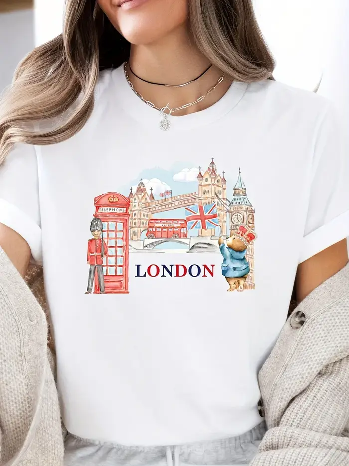 Avec la cabine téléphonique de londres Design respirant été tenue décontractée femmes imprimé graphique t-shirt à manches courtes col rond hauts doux