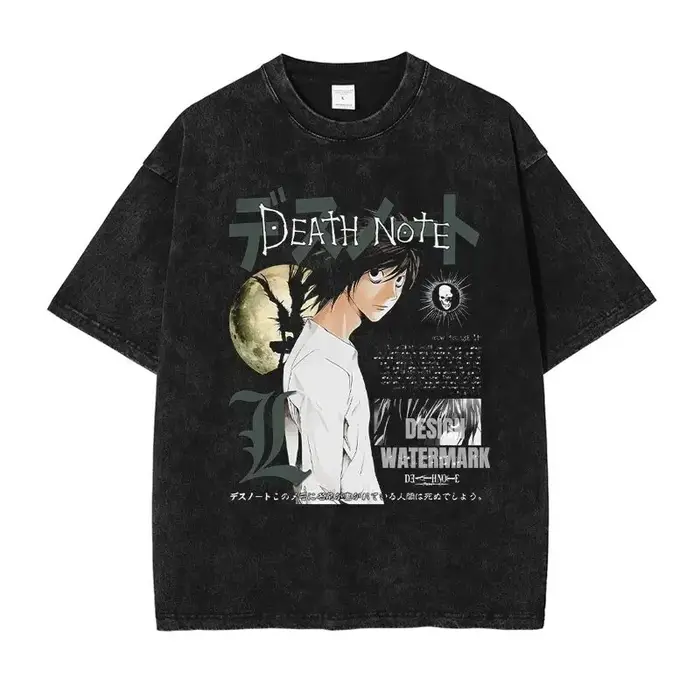 T-shirt imprimé Anime Death Note L, style vintage délavé, motif manga, streetwear Harajuku, coton, c