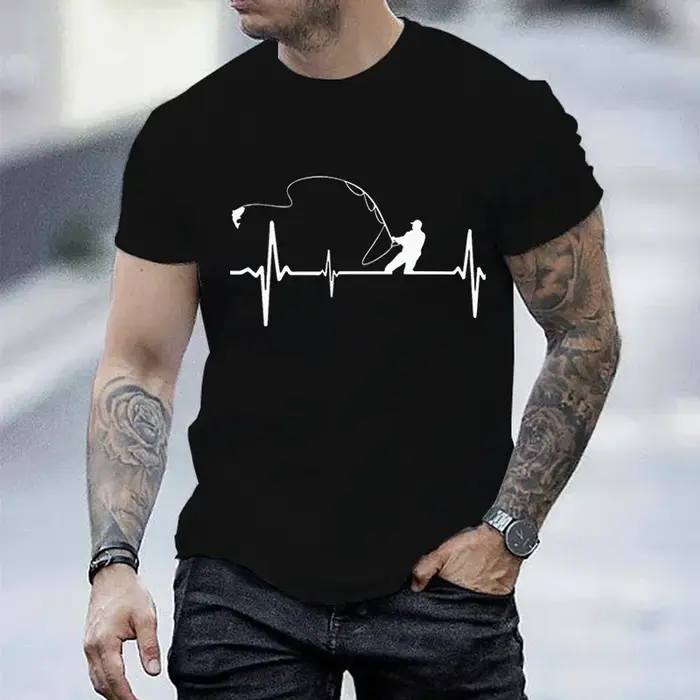 T-shirts pour hommes pêche à la mouche battement de coeur impulsion impression chemise drôle à manches courtes
