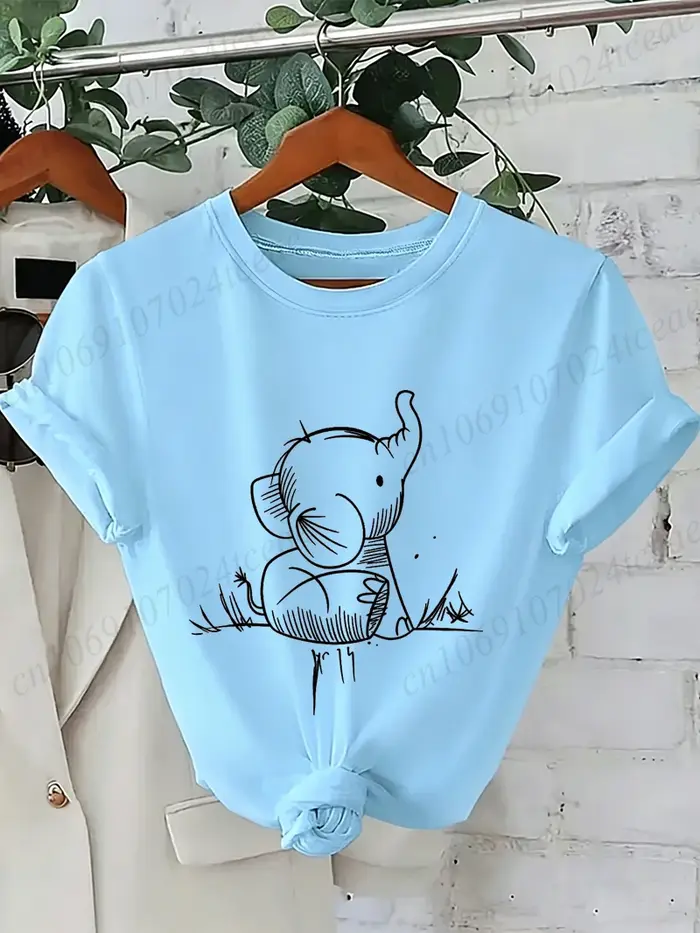 T-shirt unisexe à col rond et manches courtes pour femme, imprimé éléphant, motif animal sauvage, streetwear décontracté, coupe ample, hauts de mode quotidiens