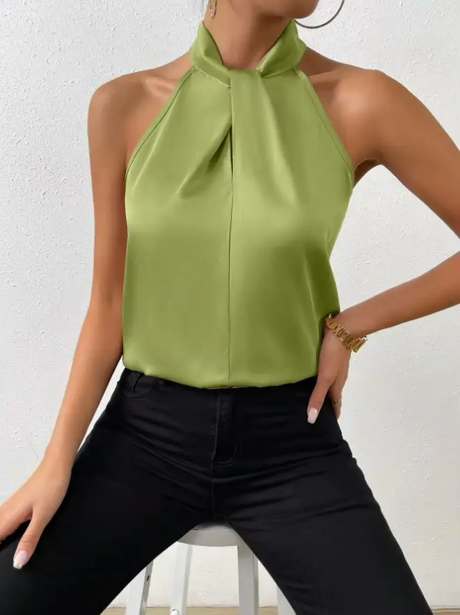 Hauts Halter pour Femmes, Top Dos Nu en Satin Noir, Top de Plage Rose d'Été pour Femme, Camisole Épa