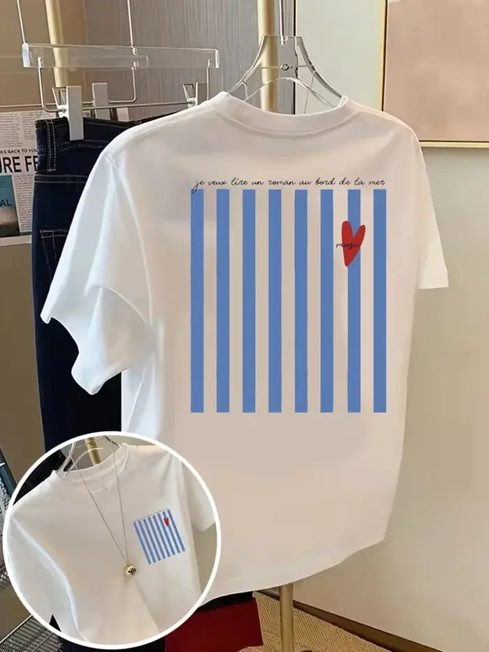 Reading By The Sea, t-shirt imprimé romantique à manches courtes et col rond, haut décontracté pour 