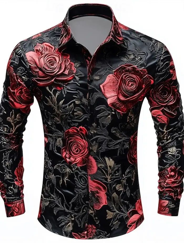 Chemise boutonnée à manches longues pour hommes, imprimé Floral, fleurs de roses, Style gothique fon