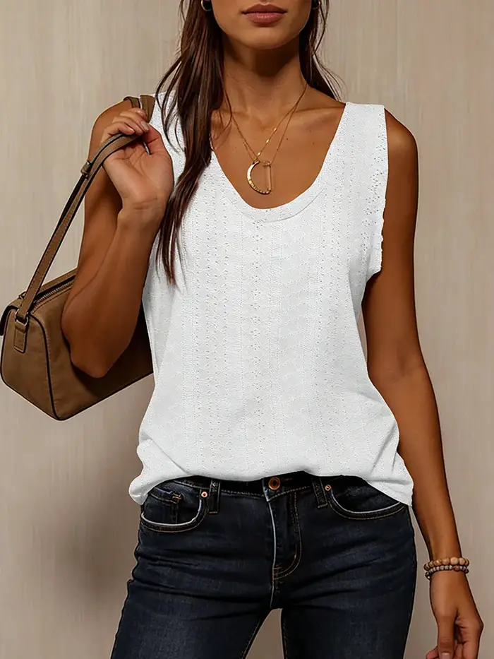 Débardeur pour femmes Printemps Été Blanc Col en V Sans manches Texture perforée Décontracté Frais Élégant Quotidien Décontracté