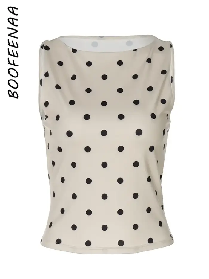 BOOFEENAA mode à pois imprimé débardeurs pour femme vêtements col rond haut sans manches C70-AF14