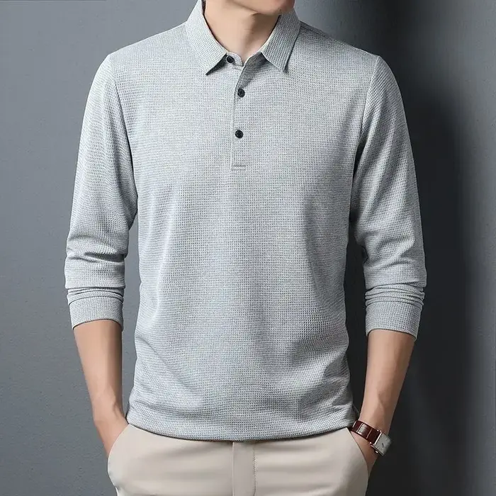 SHiONFA-T-shirt à manches longues gaufré pour hommes, monochromatique, élastique, loisirs, vêtements