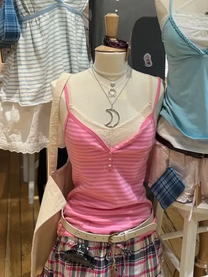 Débardeur rose rayé à quatre boutons pour femme, col en V, en coton, coupe ajustée, style décontract