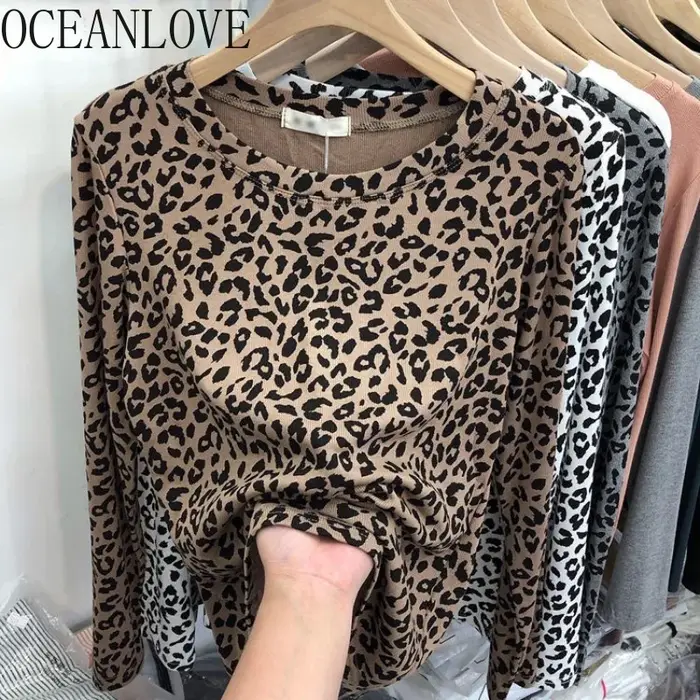 OCEANLOVE Y2k vêtements léopard t-shirt pour femmes Vintage printemps automne bases Ropa De Mujer mode coréenne mince t-shirts courts