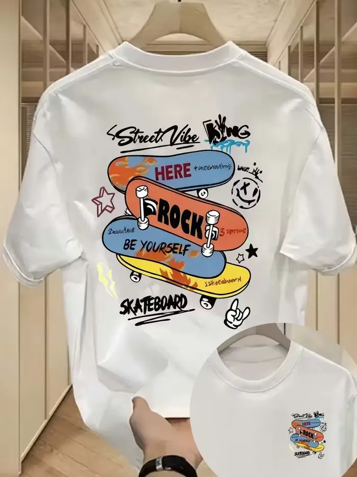 T-shirt à manches courtes avec motif graffiti skateboard, t-shirt décontracté à col rond imprimé ten