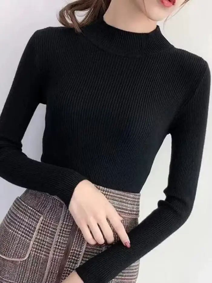 Automne hiver col montant femmes pull Vintage basique solide tricoté hauts décontracté mince pull co