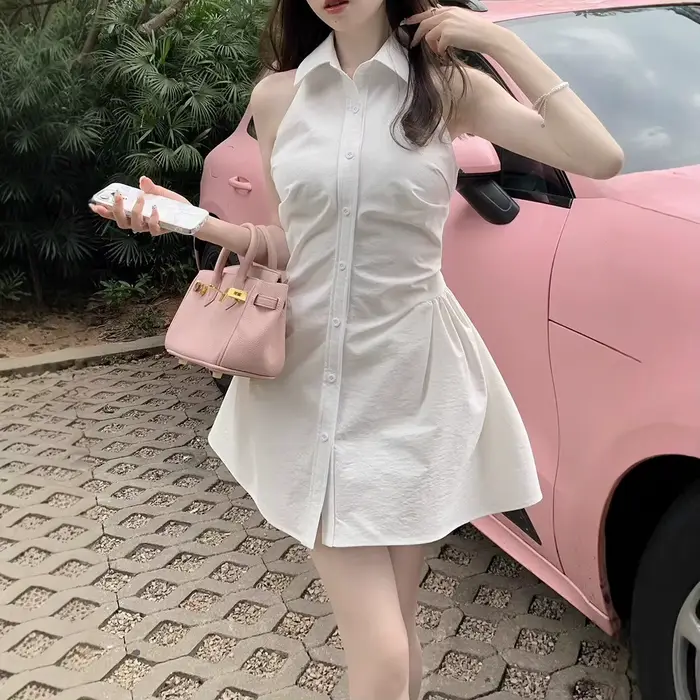 Robe Gilet Col Polo Femme Nouvelle Collection Été Taille Cintrée Rose Coupe Courte Évasée Style Déco