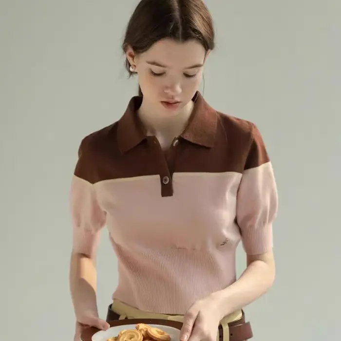 T-Shirt tricoté à col Polo contrasté français pour femmes, haut décontracté à manches courtes, nouve