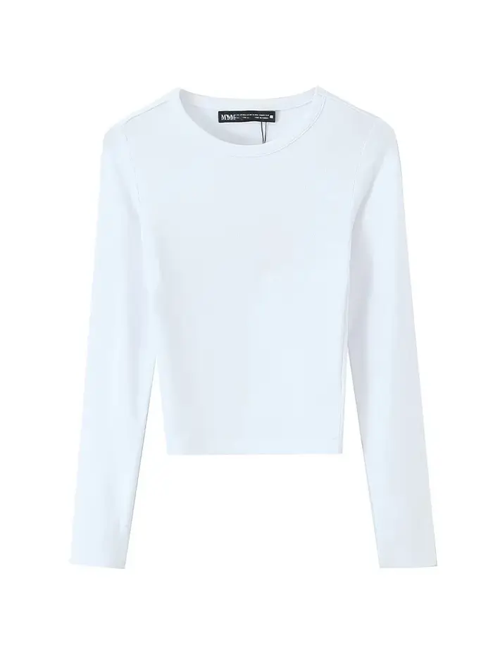 T-shirt Femme Printemps Mode Casual Slim Style Urbain Élégant Col Rond Manches Longues Chic Uni 3 Couleurs Hauts Courts