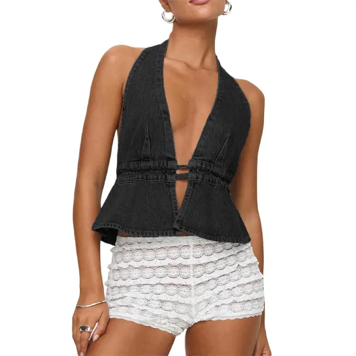 Femmes Denim gilet Sexy licou col en v profond sans manches dos ouvert haut court Jean gilet été mode Streetwear