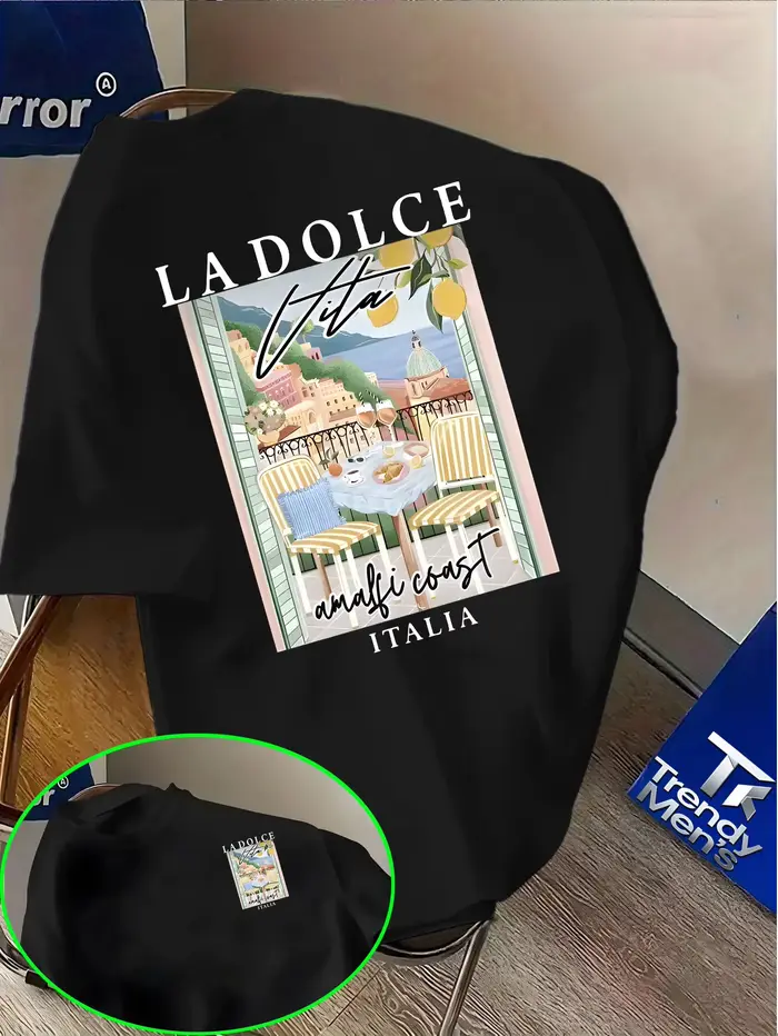 T-shirt pour homme en coton 100% avec imprimé La Dolce Vita Amalfi Coast pour l'été, apporte une amb