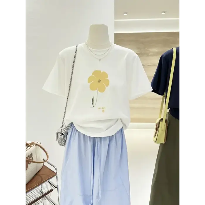 T-shirt à manches courtes imprimé Floral bleu marine pour femmes